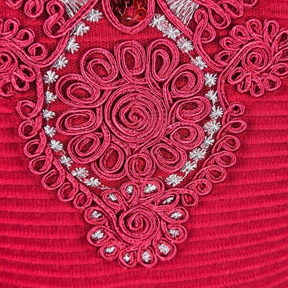 Buttons Size S Red Fit & Flare Dress Sequins Embroidery Textured Cap Sleeve NWT - Picture 5 of 16